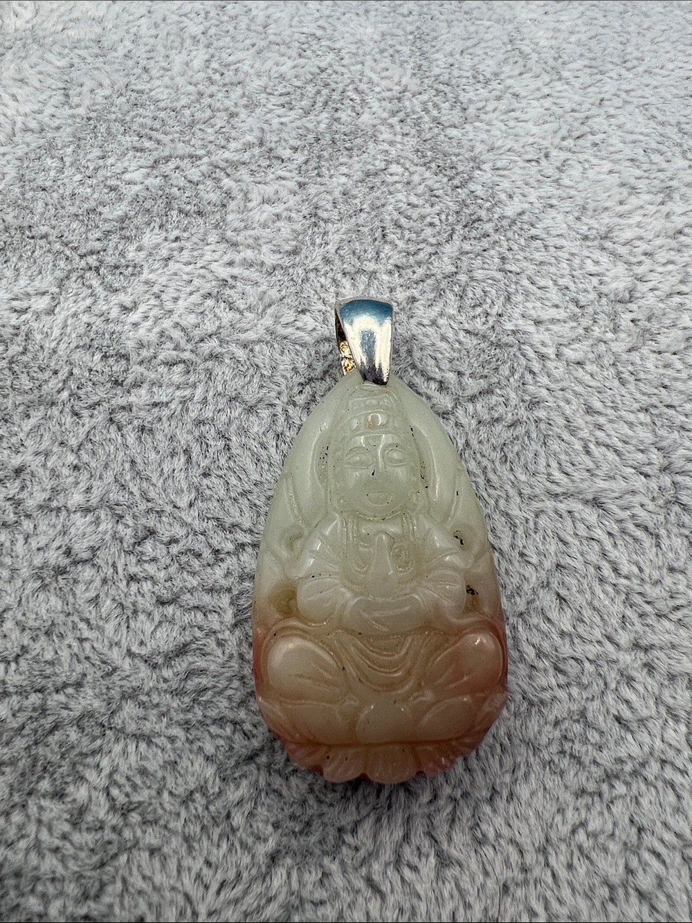 Carved Serpentine “New Jade” Buddha Pendant in White and Peach - Elegant Jewelry